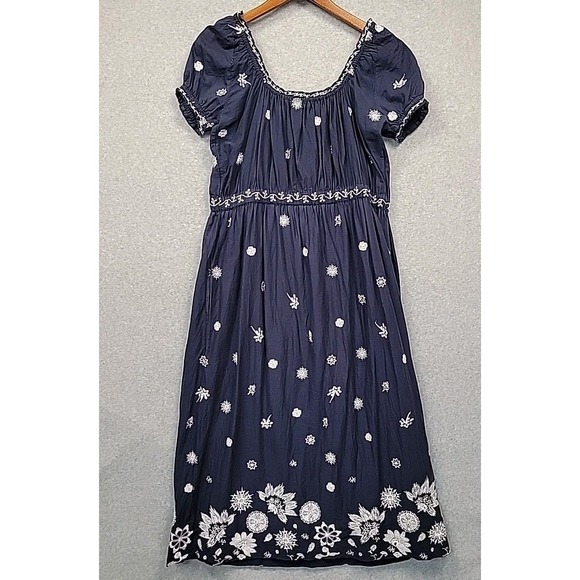GRETCHEN SCOTT Big Love Dress Blue Embroider Midi Maxi Off The Shoulder Cotton M - Picture 7 of 15